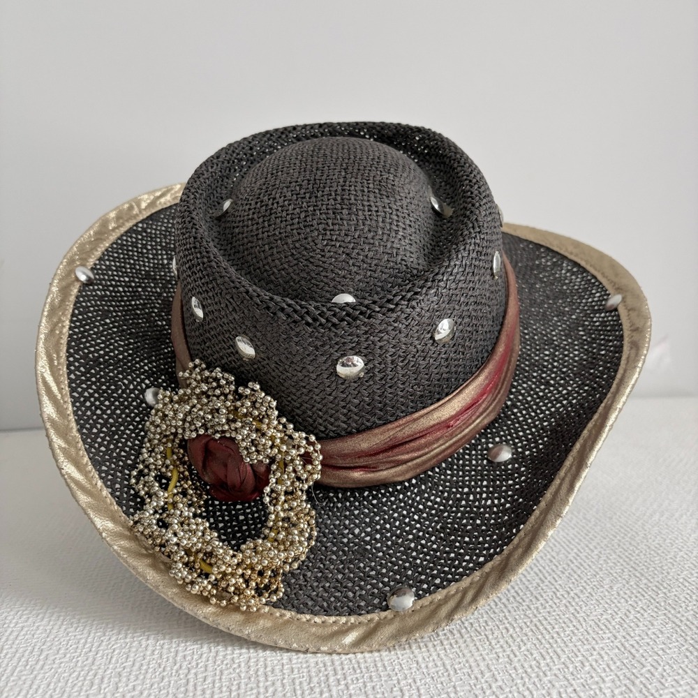 Vintage Straw Boater Hat Studded Burgundy Sash Gold Trim Black One Size